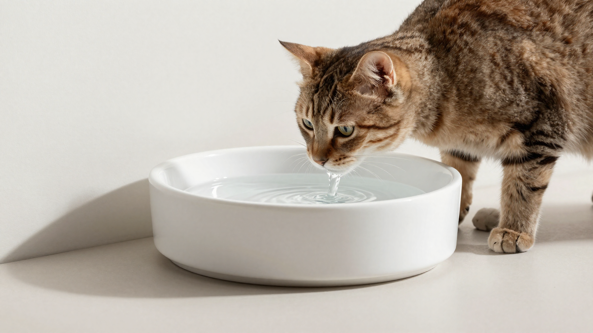 고양이 음수량 늘리기를 위해 새롭게 교체한 유리 물그릇에서 물을 마시는 고양이 모습