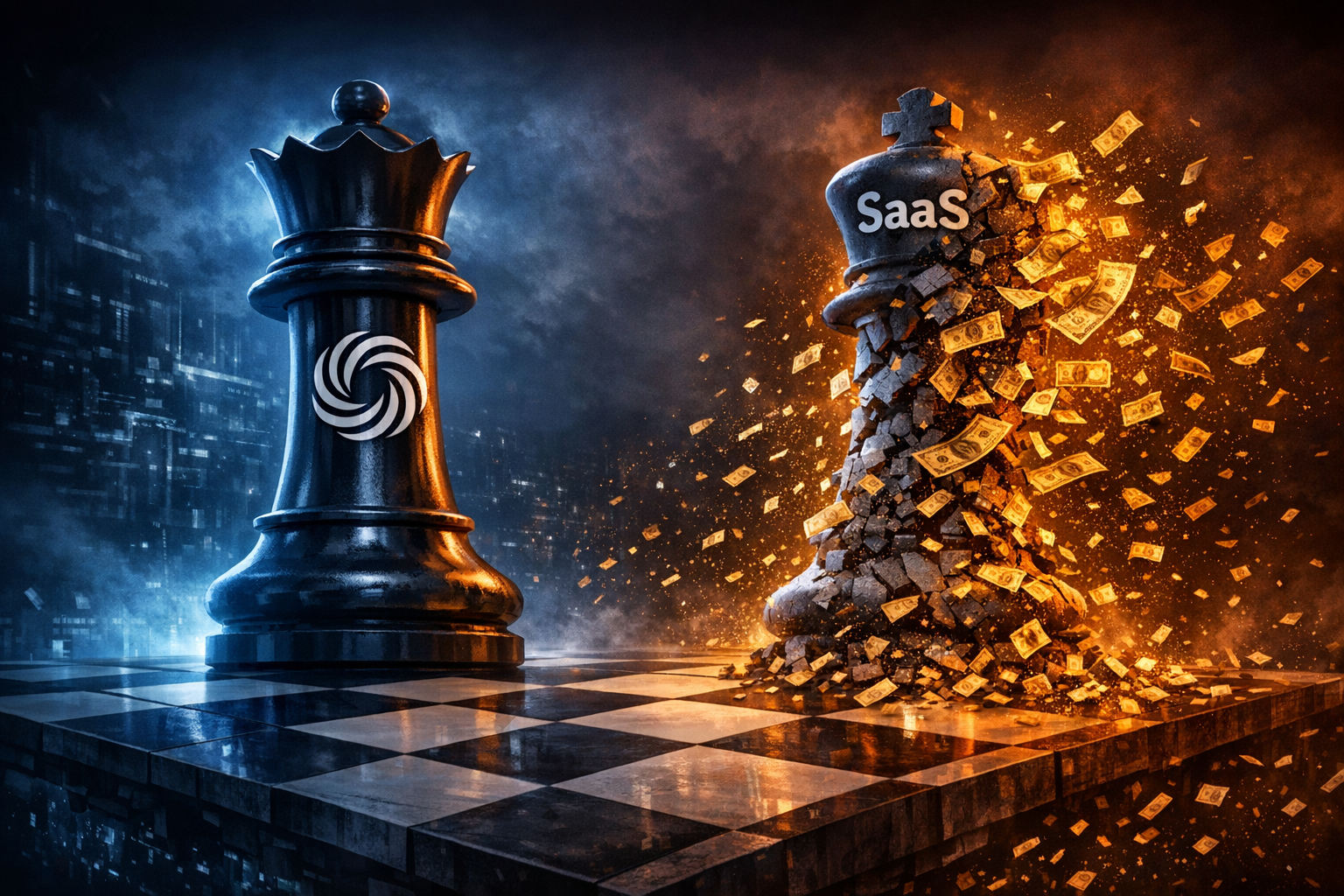 Anthropic Cowork et Opus 4.6 face au SaaS - illustration échiquier numérique