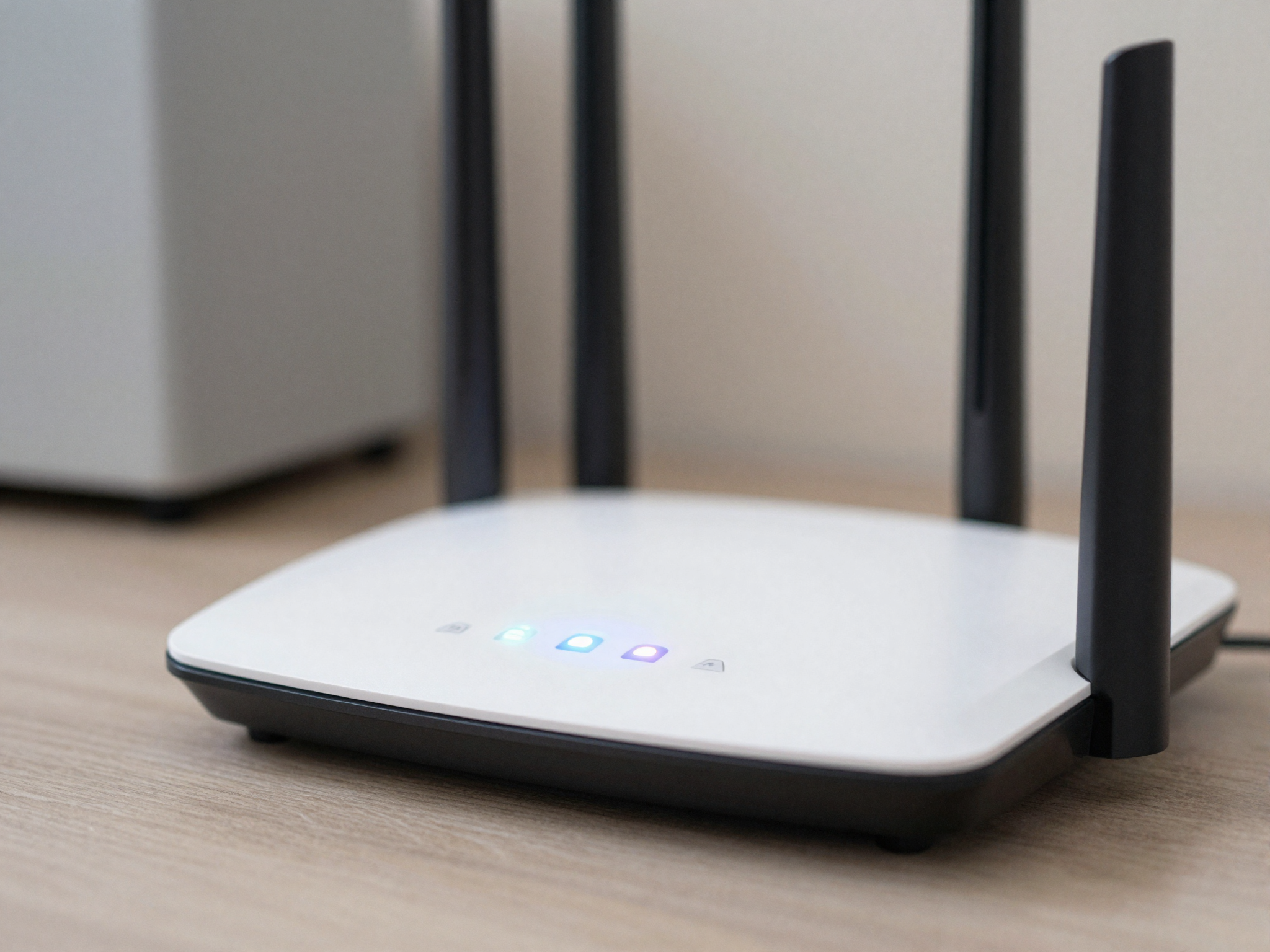 어두운 실내에서 초록색 상태 표시등이 밝게 빛나는 와이파이 공유기와 흐릿한 배경의 가전제품 측면 모습.