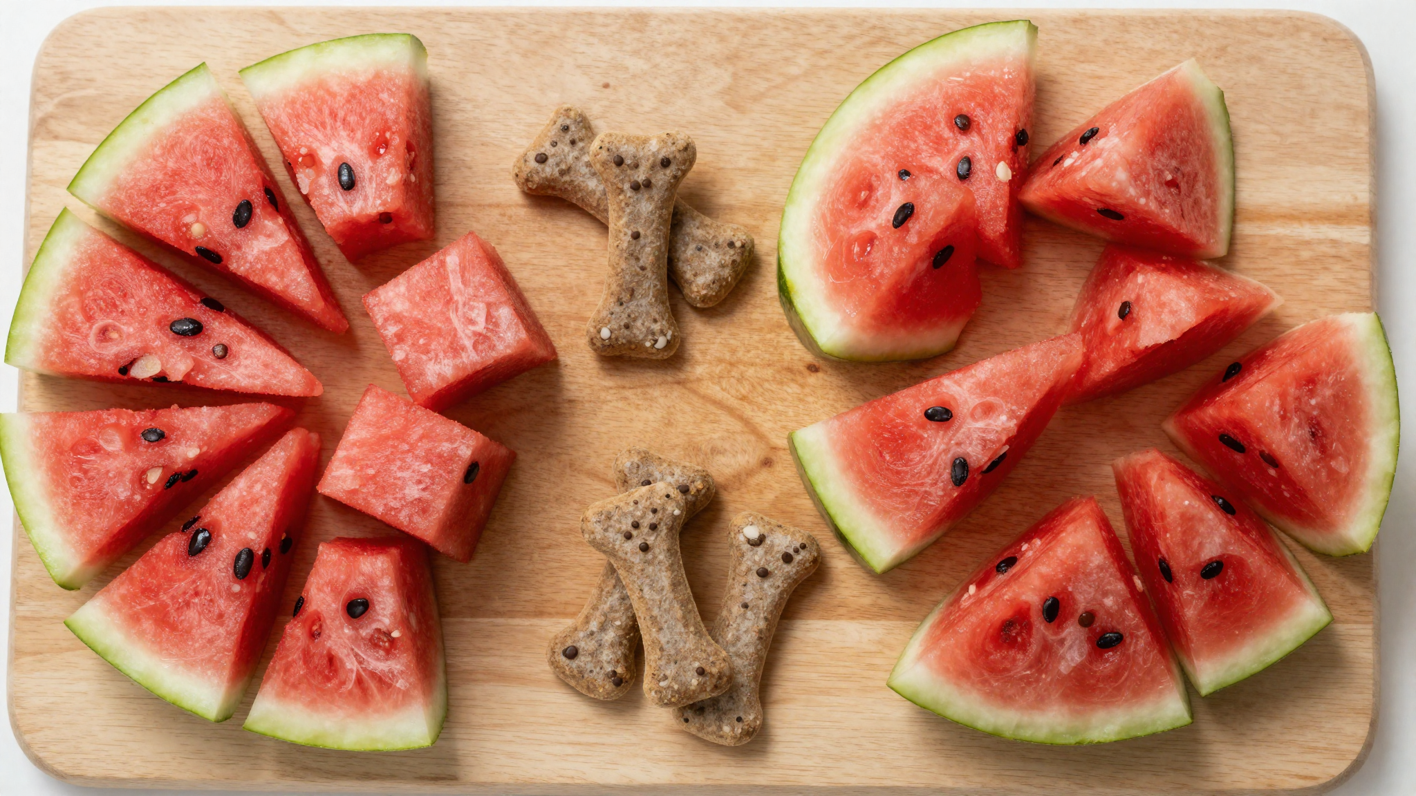 나무 도마 위에 놓인 붉은 수박 조각들과 강아지 간식이 위에서 내려다본 구도로 배치된 모습입니다.