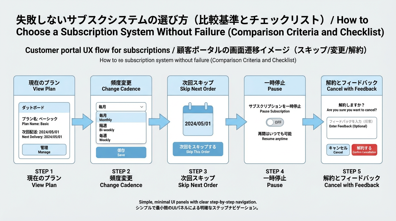 顧客ポータルでプラン確認から頻度変更、スキップ、一時停止、解約とフィードバック取得までの画面遷移フローを示した図