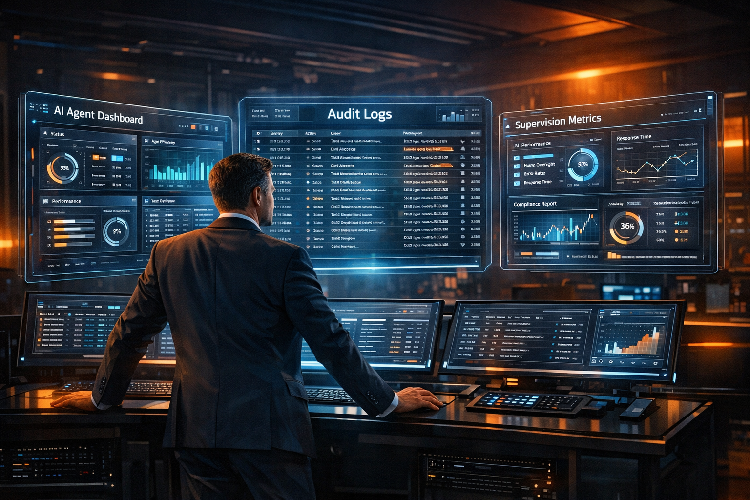 Professionnel supervisant des tableaux de bord d'agents IA depuis un centre de commande