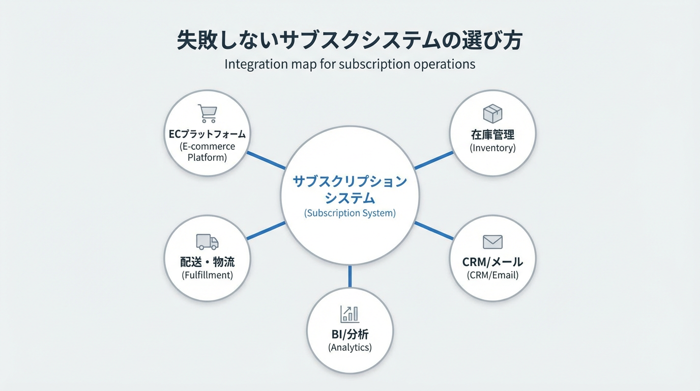 サブスクシステムを中心に、ECプラットフォーム、在庫管理、倉庫・配送、CRM・メール、ヘルプデスク、分析ツールなどがノードでつながる連携マップ