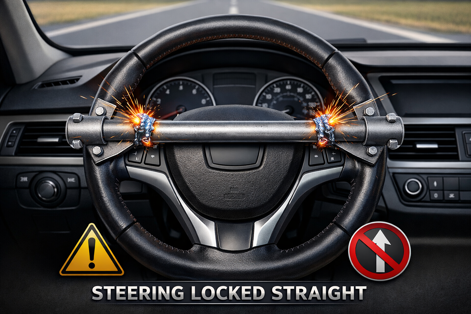 Analogie du volant soudé montrant un système de contrôle rigide bloqué dans une direction