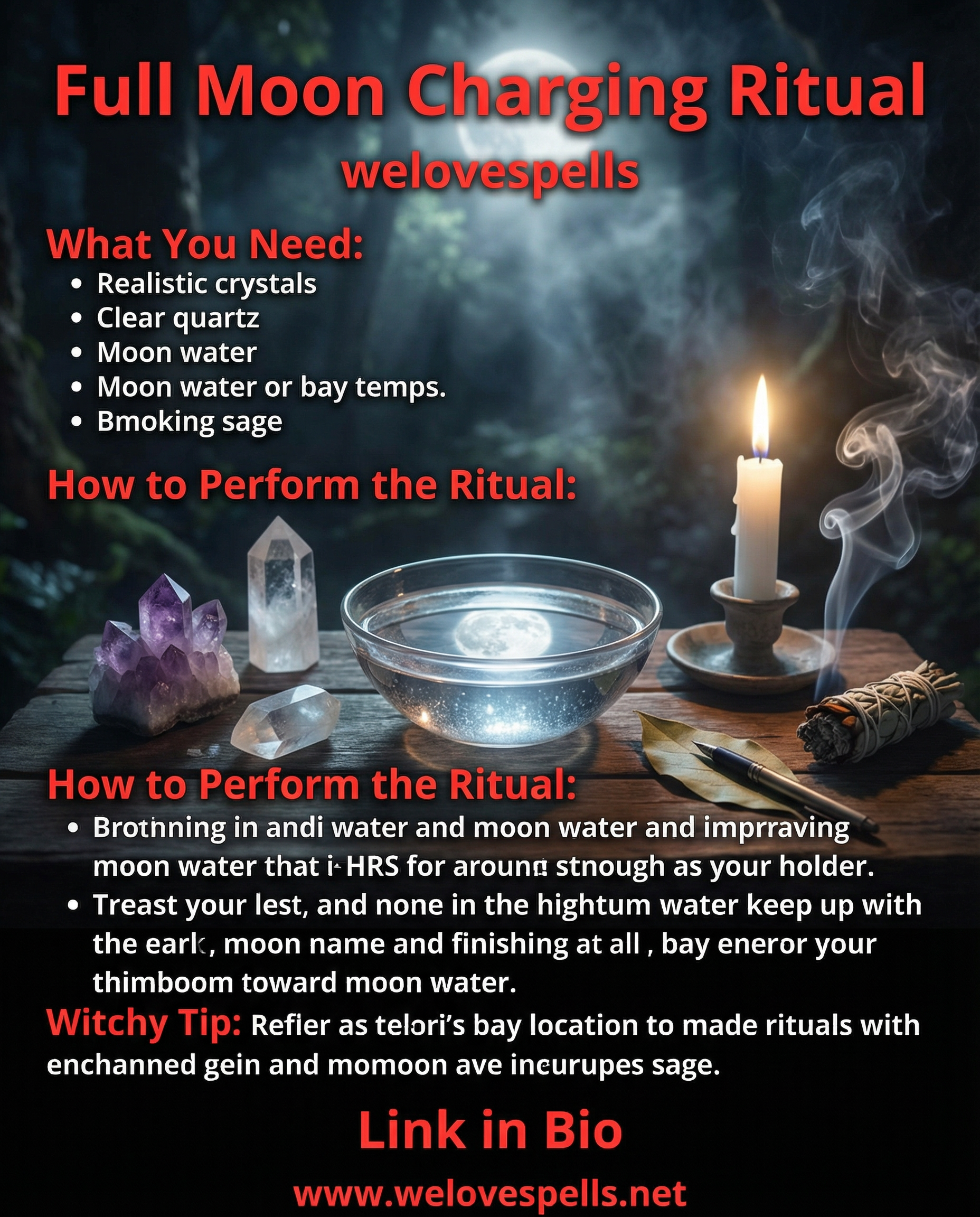 Full moon ritual setup with crystals, candles, and herbs for cleansing and manifestation.