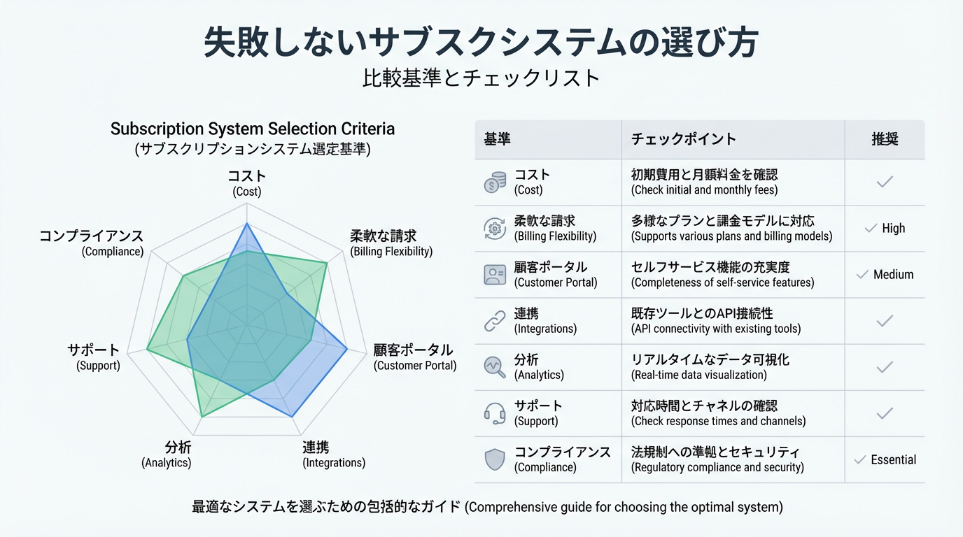 費用、決済柔軟性、顧客ポータル、連携、分析、サポート、コンプライアンスなど複数の評価軸をレーダーチャートやマトリクスで示した選定基準図
