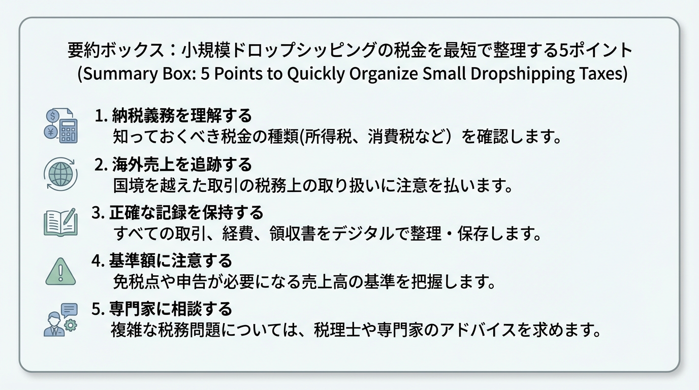 小規模ドロップシッピングの税務についての重要ポイントを5つ番号付きでまとめたコールアウト風のインフォグラフィック
