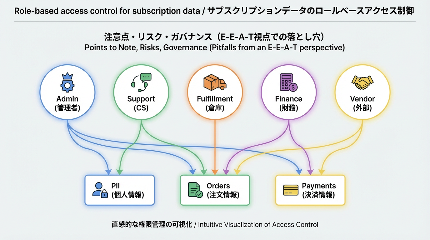 管理者、カスタマーサポート、倉庫担当、財務担当、外部ベンダーなどのロールごとに、PII・注文・決済データなどへのアクセス権限を整理したロールベース権限管理図