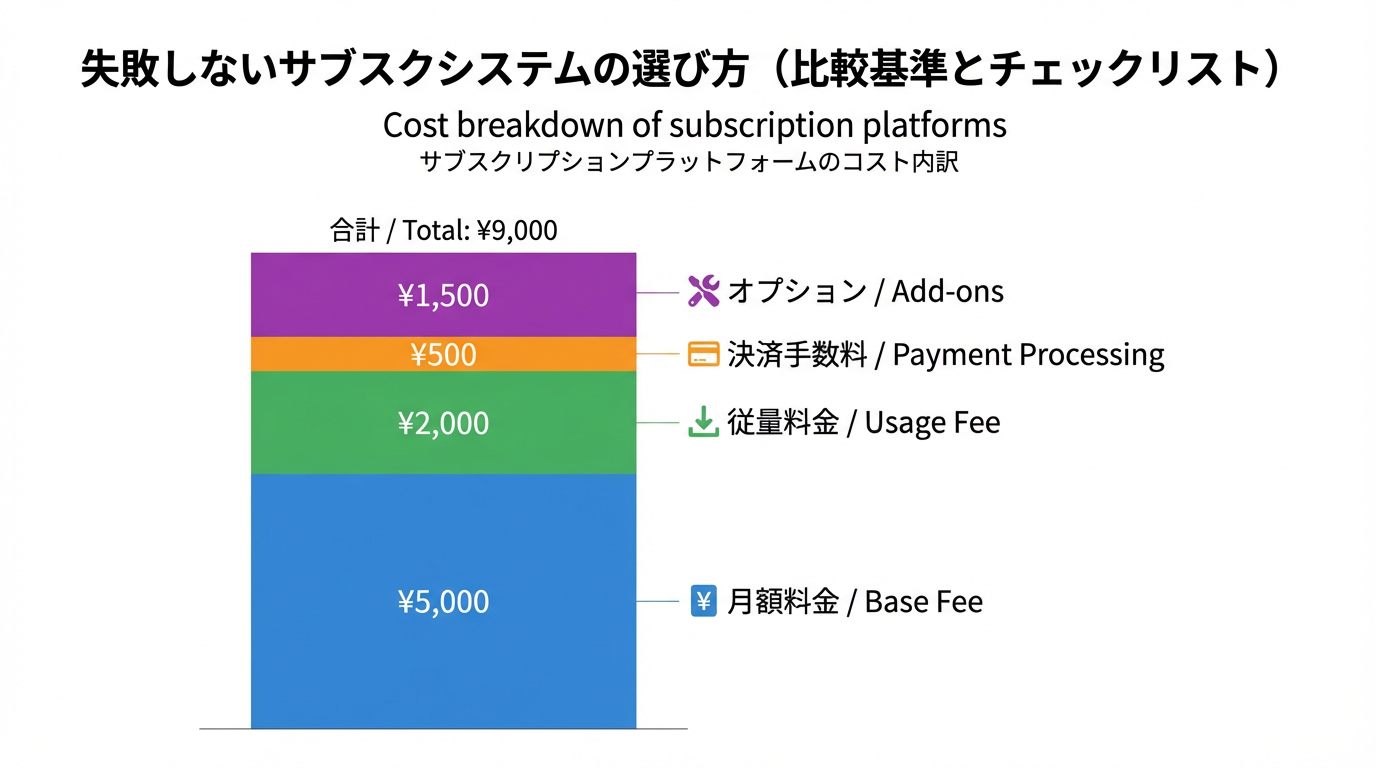 サブスクシステムの料金を月額、従量課金、決済手数料、オプション費用に分解し、積み上げ棒グラフで比較する図