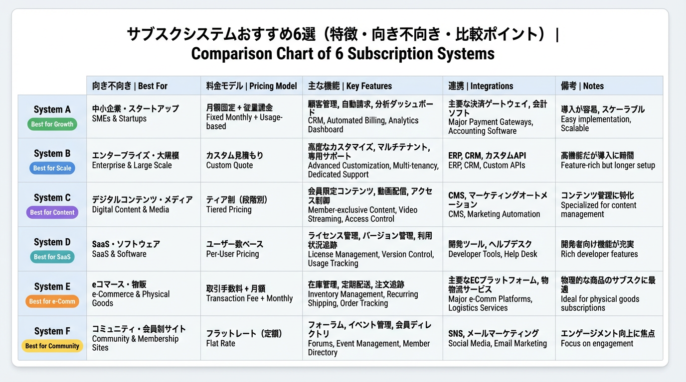 代表的なサブスクシステム6つの料金モデル、得意領域、連携、分析、サポートを横並びで比較するテーブル形式の図