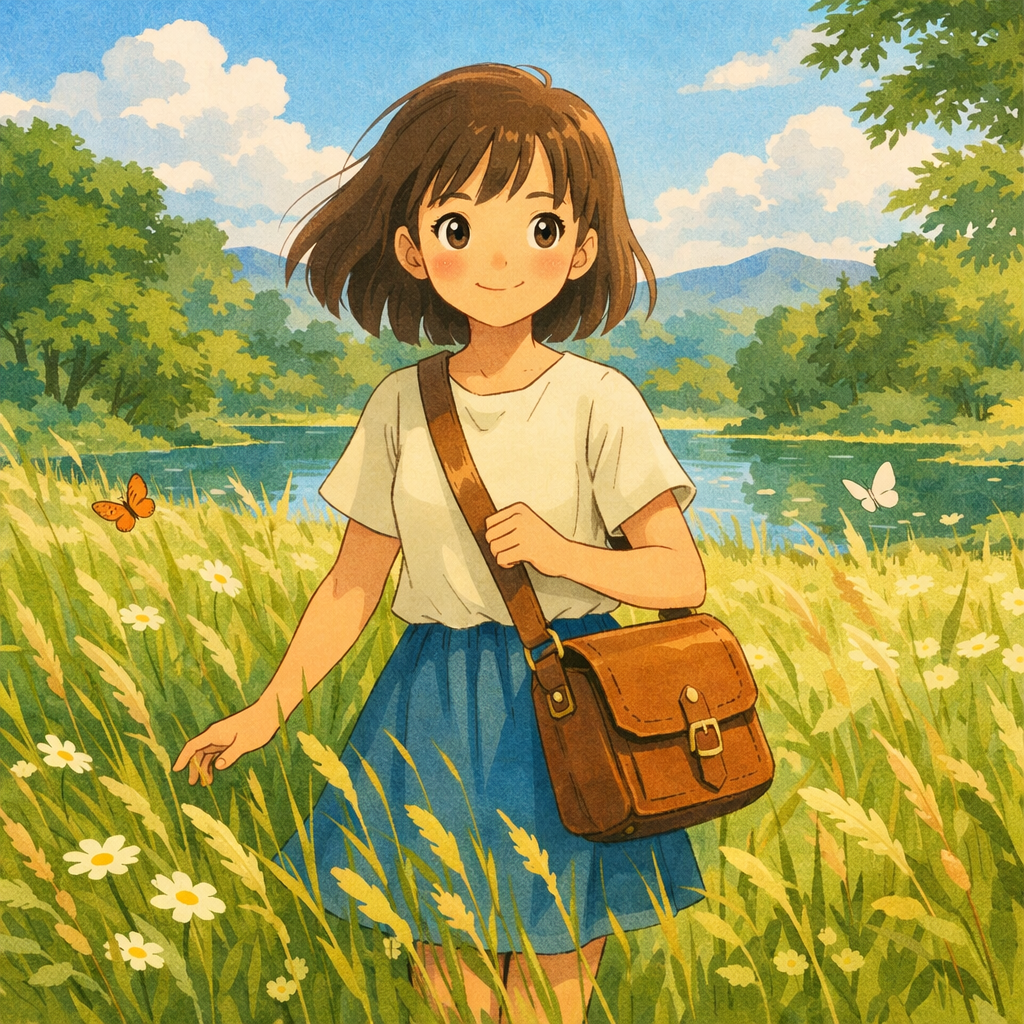 A young girl walking through a field of tall grass, carrying a satchel, surrounded by lush nature