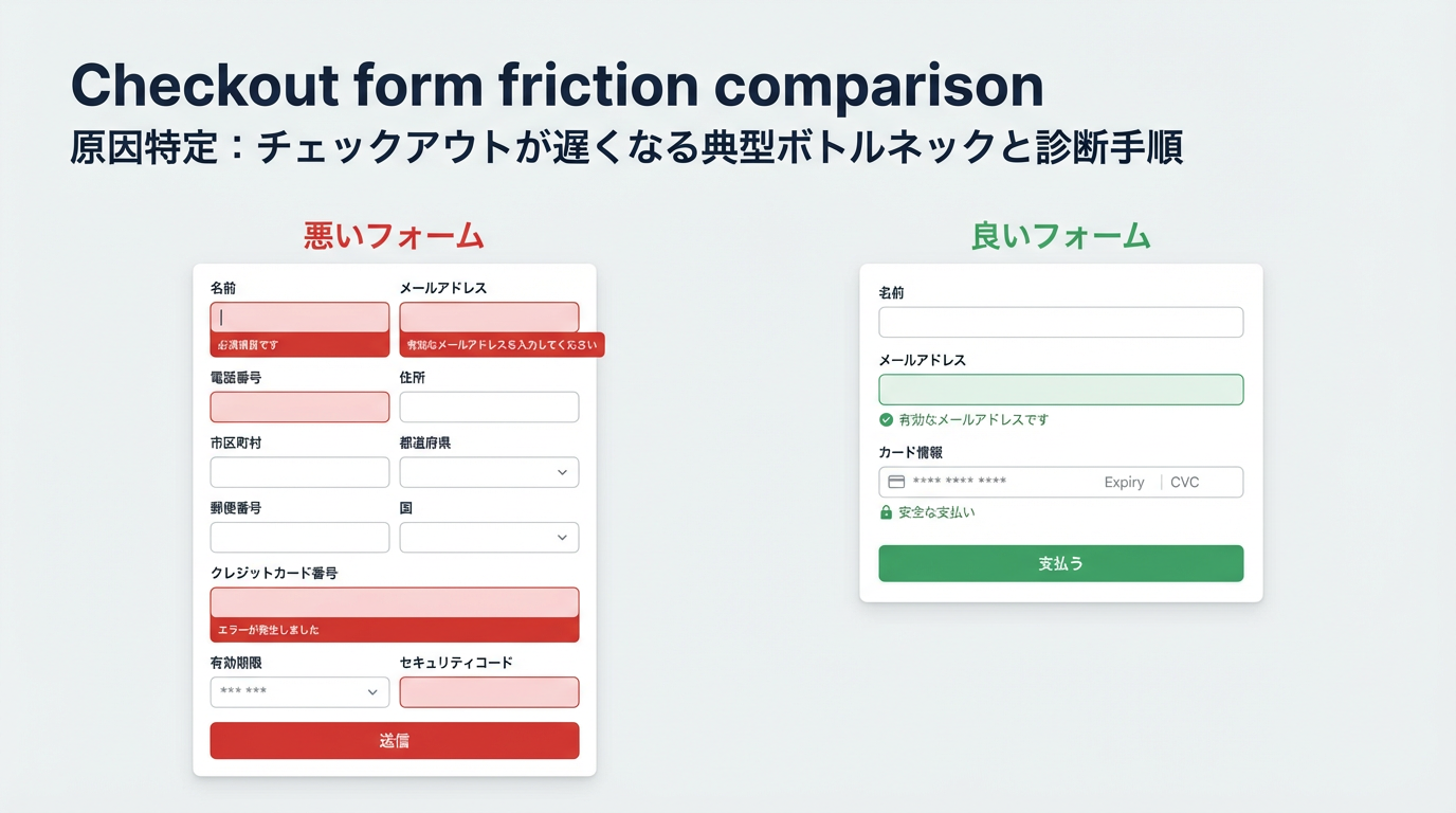 左に入力項目が多くエラー表示が分かりにくいフォーム、右に項目を絞り分かりやすいエラー表示を行うフォームを並べた比較図