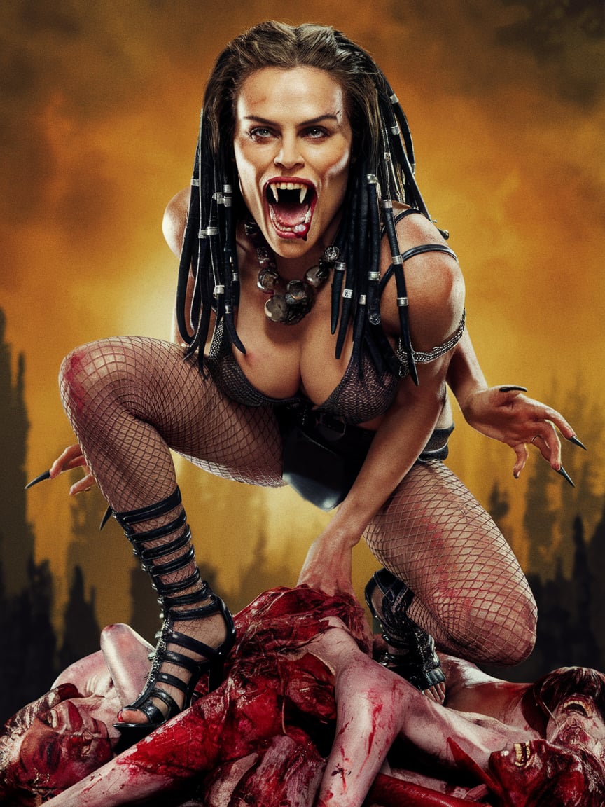 very beautiful predator with face like (Charlize_Theron:1.5)   in high-heeled sandals, with a deep neckline and a miniskirt, Wide open toothy mouths with huge fangs, stands on a pile of dead bodies.  cinematography, photo, 4k