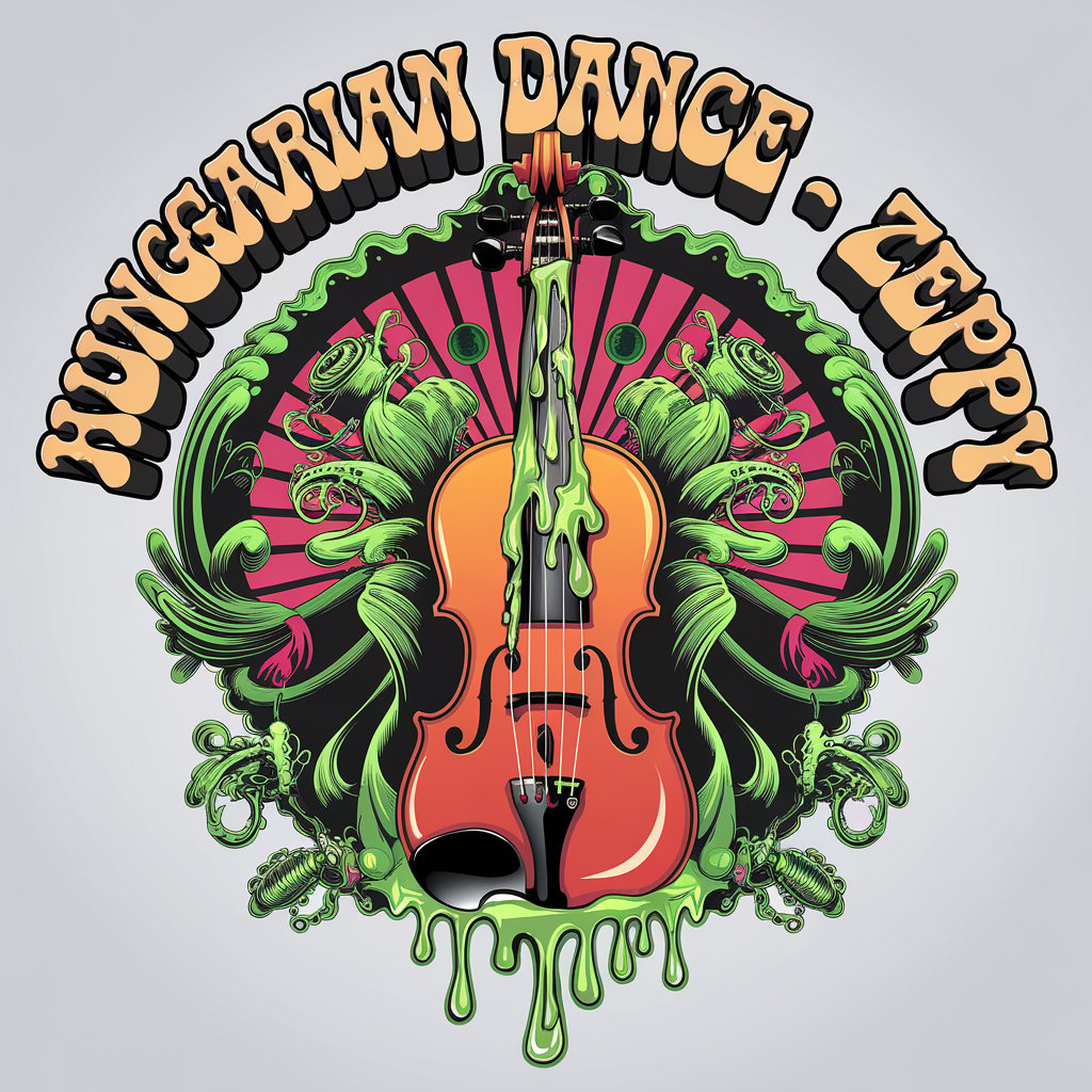 LOGO Design for Hungarian Dance Zeppy Cartoonish Violin Dripping in Green Psychedelic Acid for Entertainment Industry