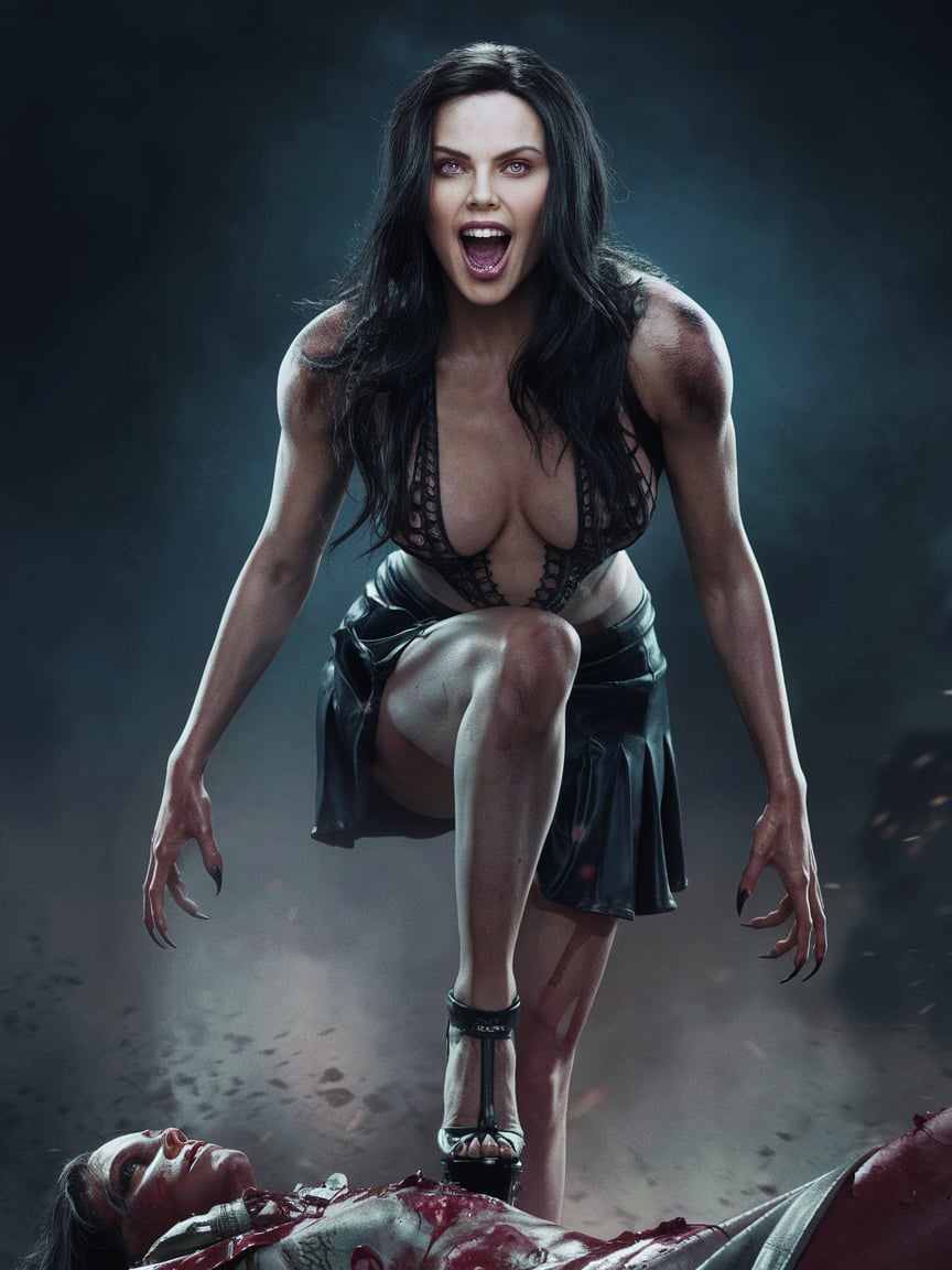 female monster (Charlize Theron:1.5) (Alien from Ridley Scott's film:0.8),  (wide open mouth),  with her gaze piercing through the viewer,  miniskirt, deep neckline, high heels, standing over corpse, one foot on corpse,  photo, cinematic, 4k