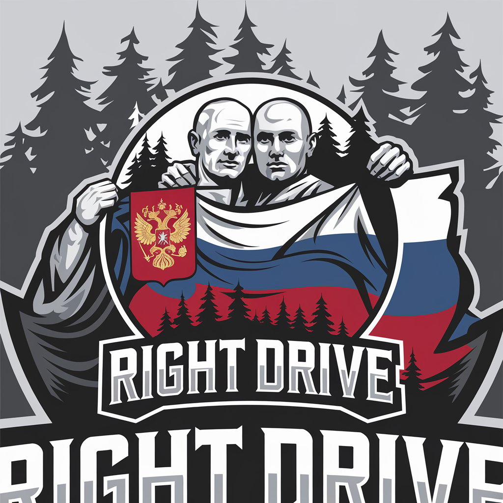 LOGO Design for Right Drive Bald Boys Hugging in Front of Forest with Russian Empire Flag