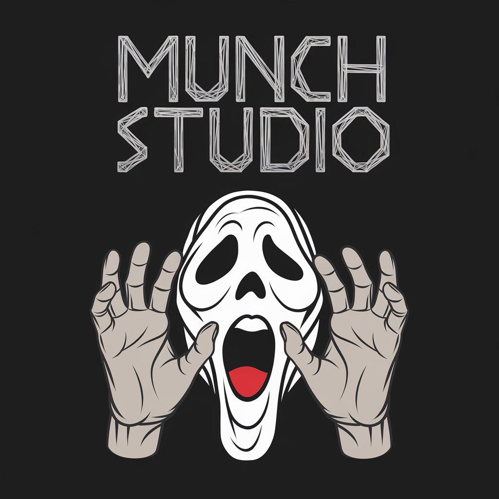 a logo, black background, head and the hands of the scream painting character, geometrical, drawing like, above it text:"munch studio"