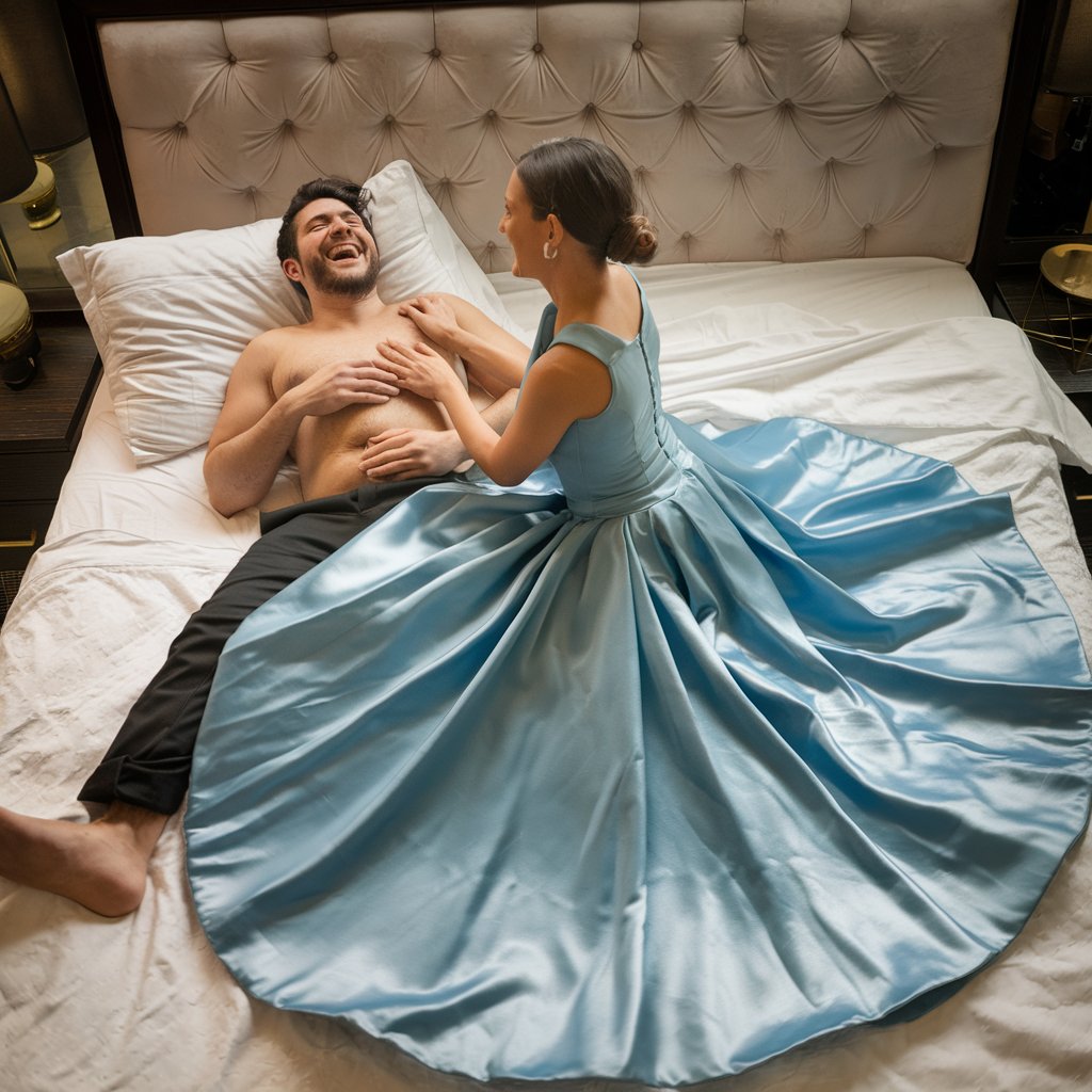 A hysterically laughing man is lying on his back on a huge  bed.  A beautiful smiling woman is sitting on his chest. she is touching his chest. she is looking into his eyes. She is wearing a long blue satin ballgown with a circle skirt. The skirt is spread around her.