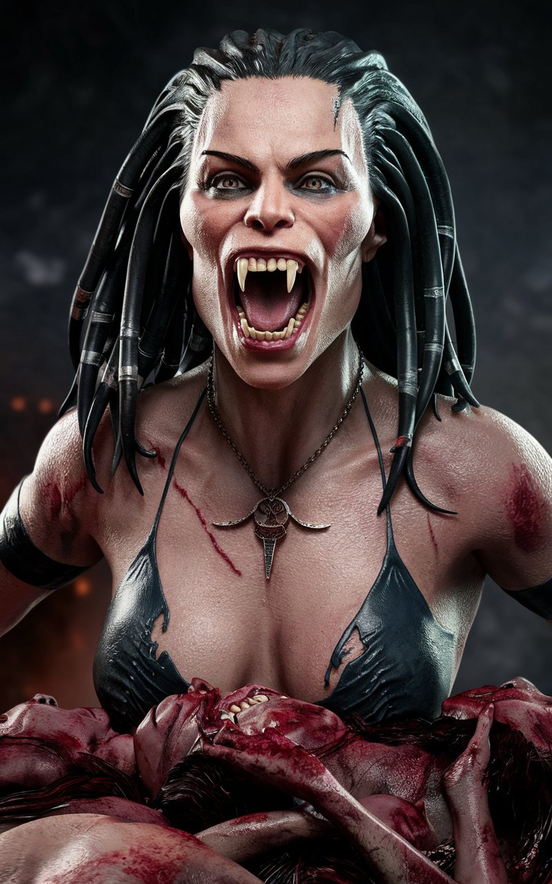 very beautiful predator with face like (Charlize_Theron:1.5) with a deep neckline, Wide open toothy mouths with huge fangs, stands on a pile of dead bodies. view from the ground, cinematography, photo, 4k