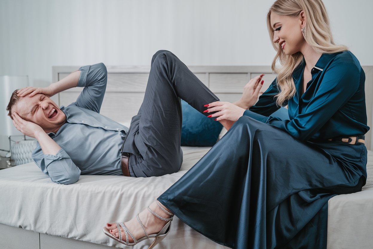 A hysterically laughing caucasian man is lying longways on his back on a bed . he is wearing a shirt and trousers. He is holding his head.  He is not wearing any shoes. He is resting his feet on the lap of a beautiful blonde woman. A beautiful blonde woman is sitting beside him the side of the bed. she is looking down at his face and smiling. She has long red nails. she is touching his feet.  she is wearing a dark blue satin blouse, belt, long dark blue satin maxi circle skirt and strappy silver heels.