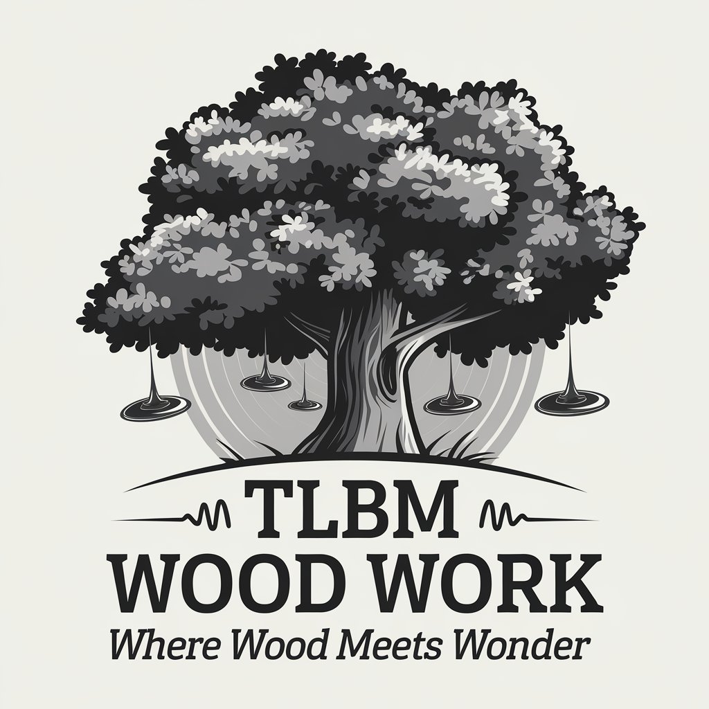 LOGO Design for TLBM Wood Work Simple Cartoon Tree with Spinning Tops and Clear Background