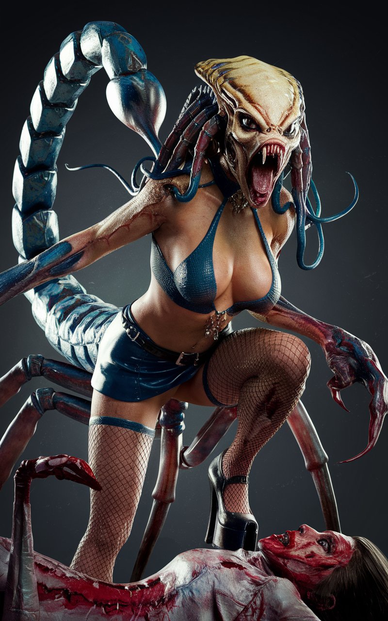 female monster (Charlize Theron:1.5) (Scorpion:0.2) (Alien Predator:1.5) (Tentacles:1.1), (wide open mouth),  with her gaze piercing through the viewer,  miniskirt, deep neckline, high heels, standing over corpse, one foot on corpse,  photo, cinematic, 4k