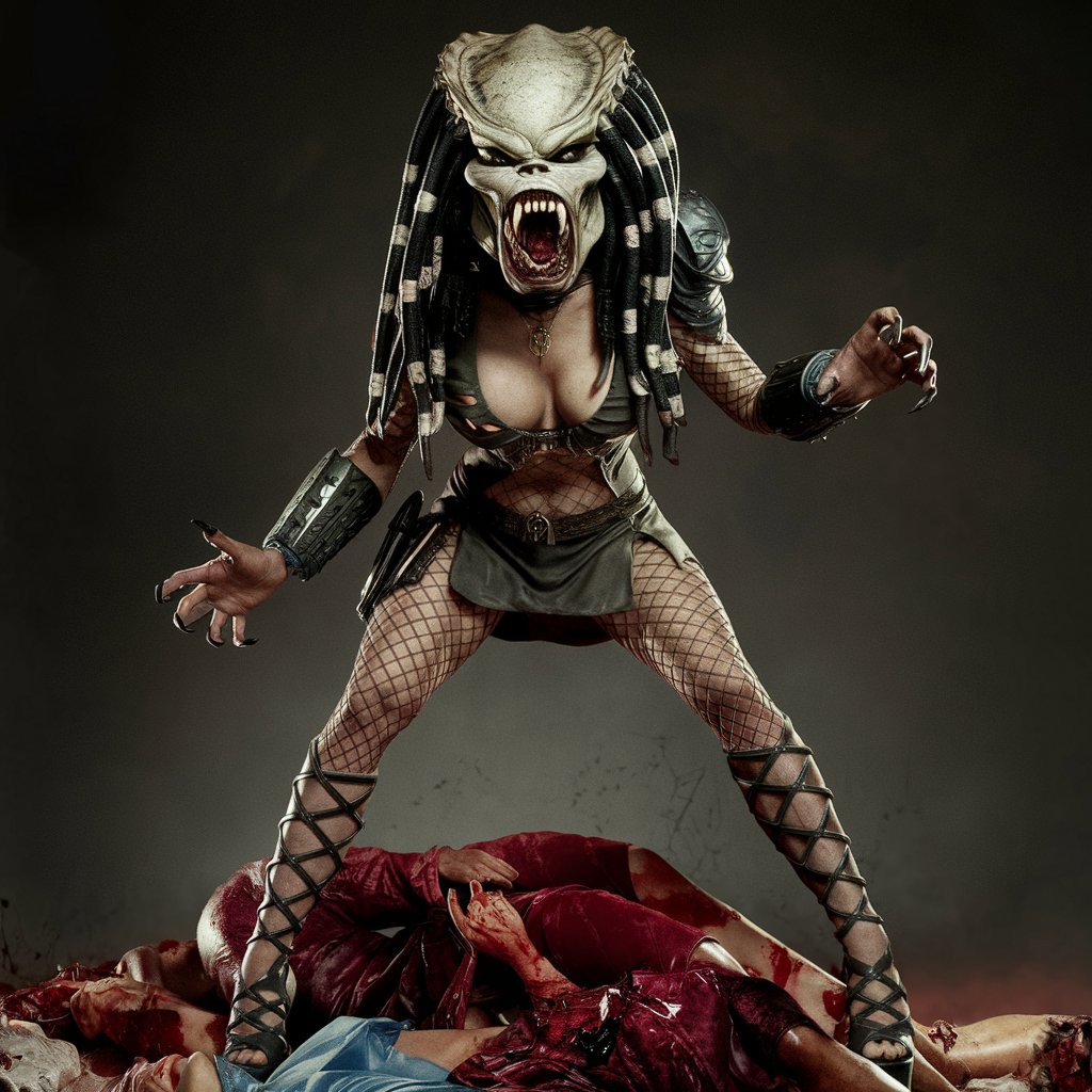 Two very beautiful  alien like in the movie "Alien" predator with face like (Charlize_Theron:1.5)   in high-heeled sandals, with a deep neckline and a miniskirt, Wide open toothy mouths with huge fangs, stands on a pile of dead bodies.  cinematography, photo, 4k