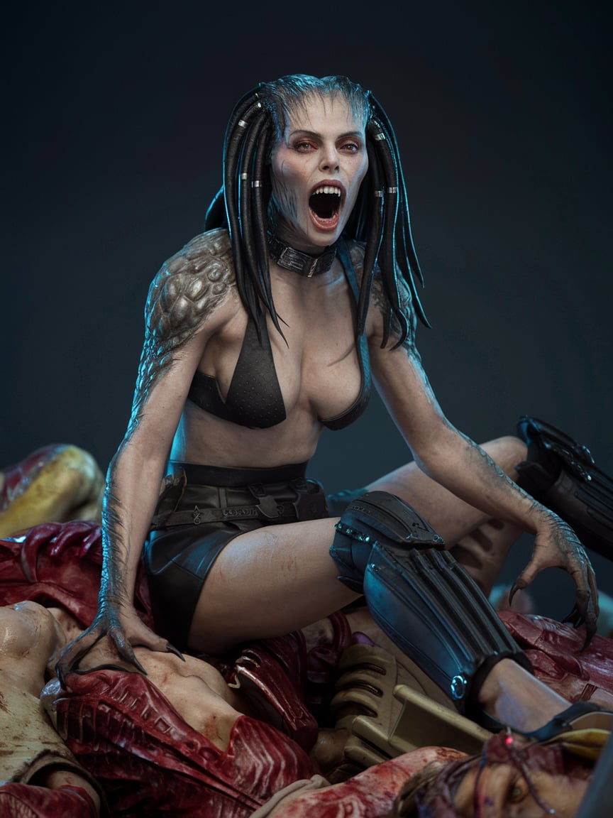 female monster (Charlize Theron:1.5) (Alien Predator:0.6),  (wide open mouth),  with her gaze piercing through the viewer,  miniskirt, deep neckline, high heels, sitting on pile of corpses,  photo, cinematic, 4k