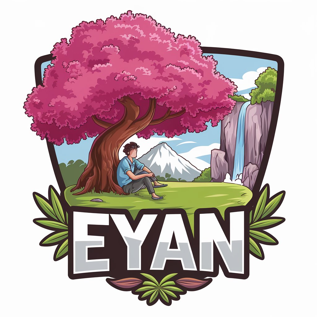 LOGO Design for Eyan Lonely Figure Under a Pink Tree with Mountains Green Grass and Waterfall Theme