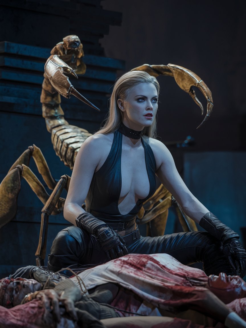 female monster (Charlize Theron:1.5) (Scorpion:0.2) (Alien Predator:1.5) (Tentacles:1.1), (wide open mouth),  with her gaze piercing through the viewer,  miniskirt, deep neckline, high heels, sitting on pile of corpse, photo, cinematic, 4k