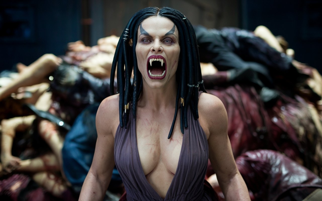 very beautiful predator with face like (Charlize_Theron:1.5) with a deep neckline, Wide open toothy mouths with huge fangs, stands on a pile of dead bodies. Low Angle View, cinematography, photo, 4k