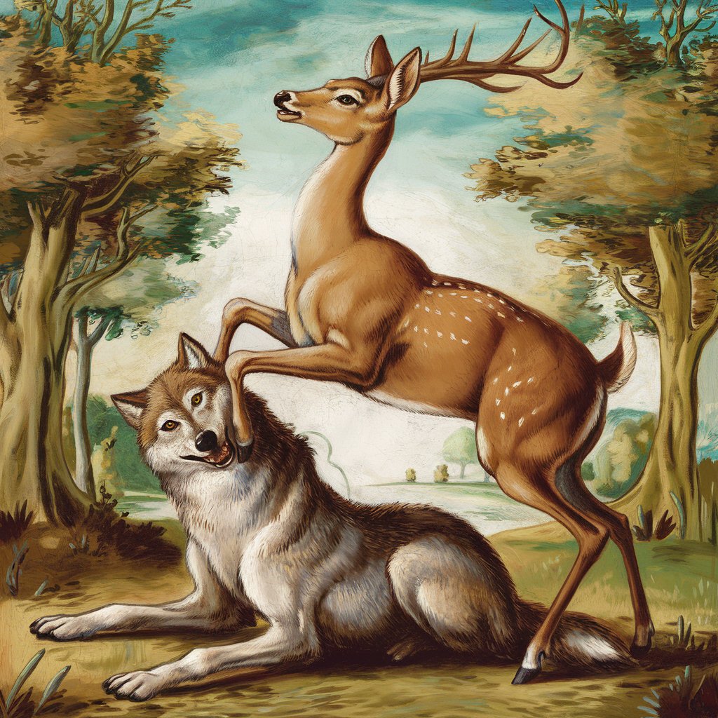 A PICTURE DESCRIBING A PORTRAIT OF A PREY BEING IN CONTROL OF ITS PREDATOR , YET STILL HAPPY , A DEER HAPPILY LIVING WITH A WOLF BUT THE WOLF HAS EVIL THOUGHTS . ARTISTIC PROFESSIONAL PAINTING IN STYLE OF DA VINCHI , EMOTIONAL CREATIVE SCENE . PROFESSIONAL DETAILED PICTURE