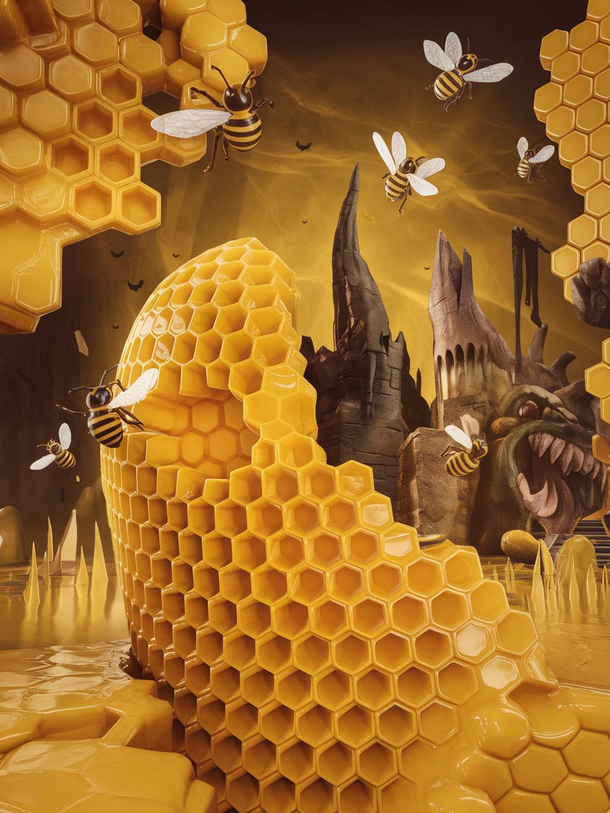 Perspective honey-themed design featuring a volumetric half beehive looking into the distance. Background is 3D, creepy honey fun. 3D detail, perspective of the whole beehive