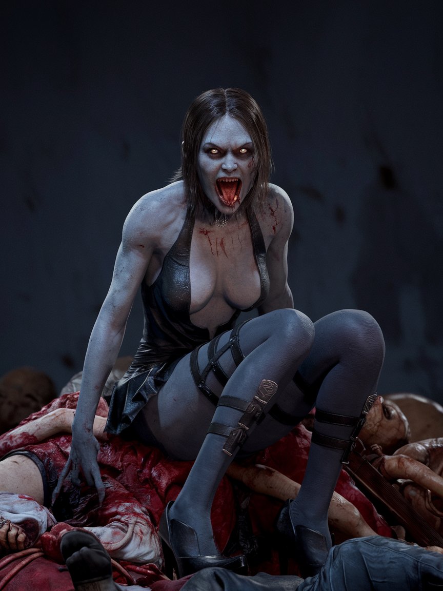 female monster (Charlize Theron:1.5) (Alien Predator:0.6),  (wide open mouth),  with her gaze piercing through the viewer,  miniskirt, deep neckline, high heels, sitting on pile of corpses,  photo, cinematic, 4k