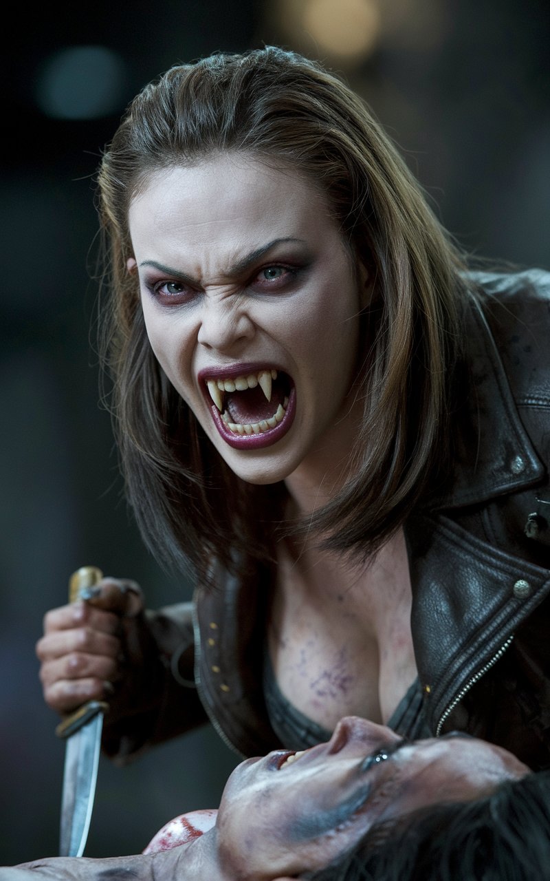   female monster (Charlize Theron:0.8) (Shark:0.2)  with menacingly (large sharp vampire fangs), (heavy lower jaw), (wide open mouth), aggressive makeup,  with her gaze piercing through the viewer,  standing, stockings, miniskirt, deep neckline, high heels, standing over corpse, one foot on corpse, knife in hand, photo, cinematic, 4k