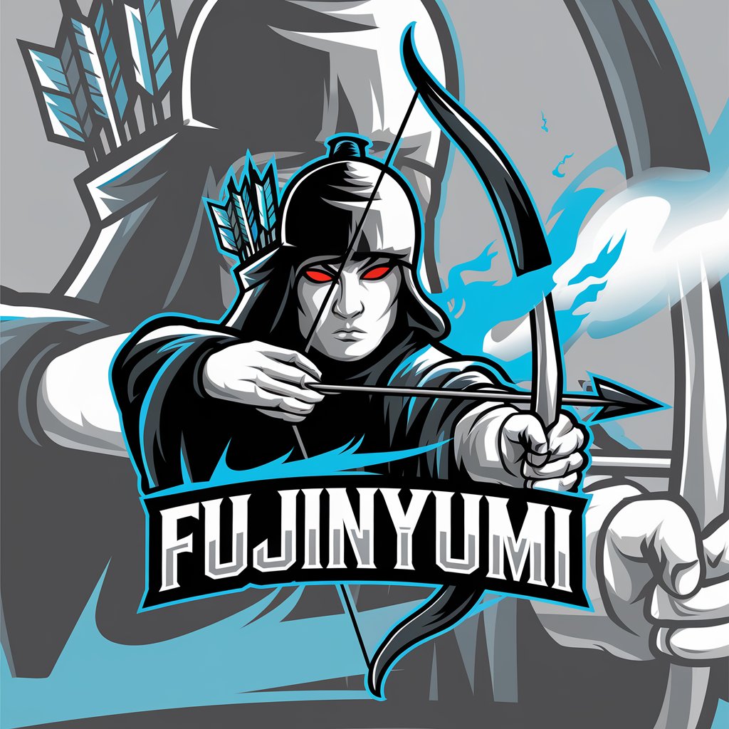 LOGO Design for FujinYumi Archer Face with Crimson Eyes Bow Arrow Azure Aura