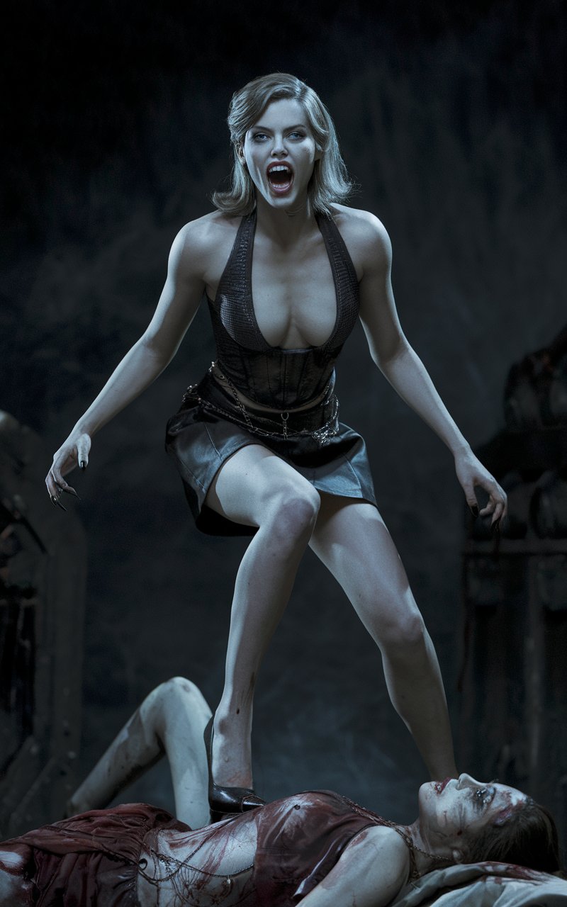 female monster (Charlize Theron:0.9) (Predator:0.1), (wide open mouth), aggressive makeup,  with her gaze piercing through the viewer,  miniskirt, deep neckline, high heels, standing over corpse, one foot on corpse,  photo, cinematic, 4k