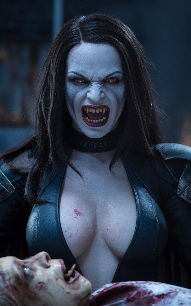 female monster (Charlize Theron:0.9) (Shark:0.1), (wide open mouth), aggressive makeup,  with her gaze piercing through the viewer, deep neckline,  standing over corpse,  photo, cinematic, 4k