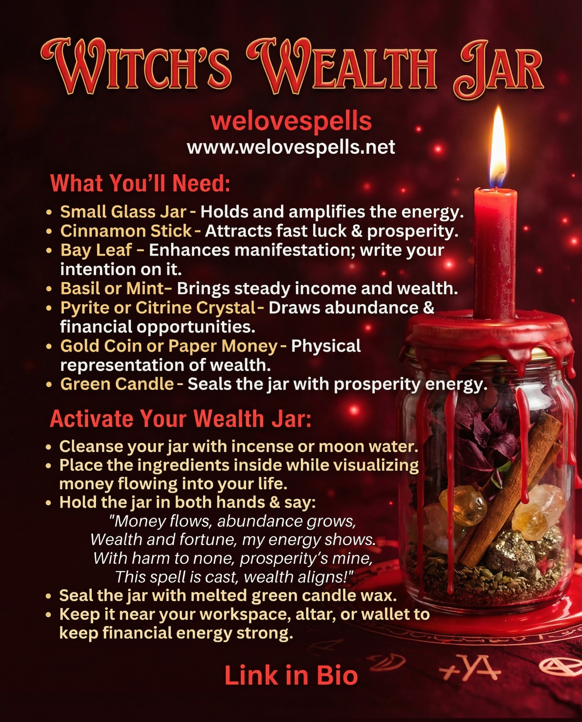 Witch’s Wealth Jar Spell ritual table with candles and money herbs
