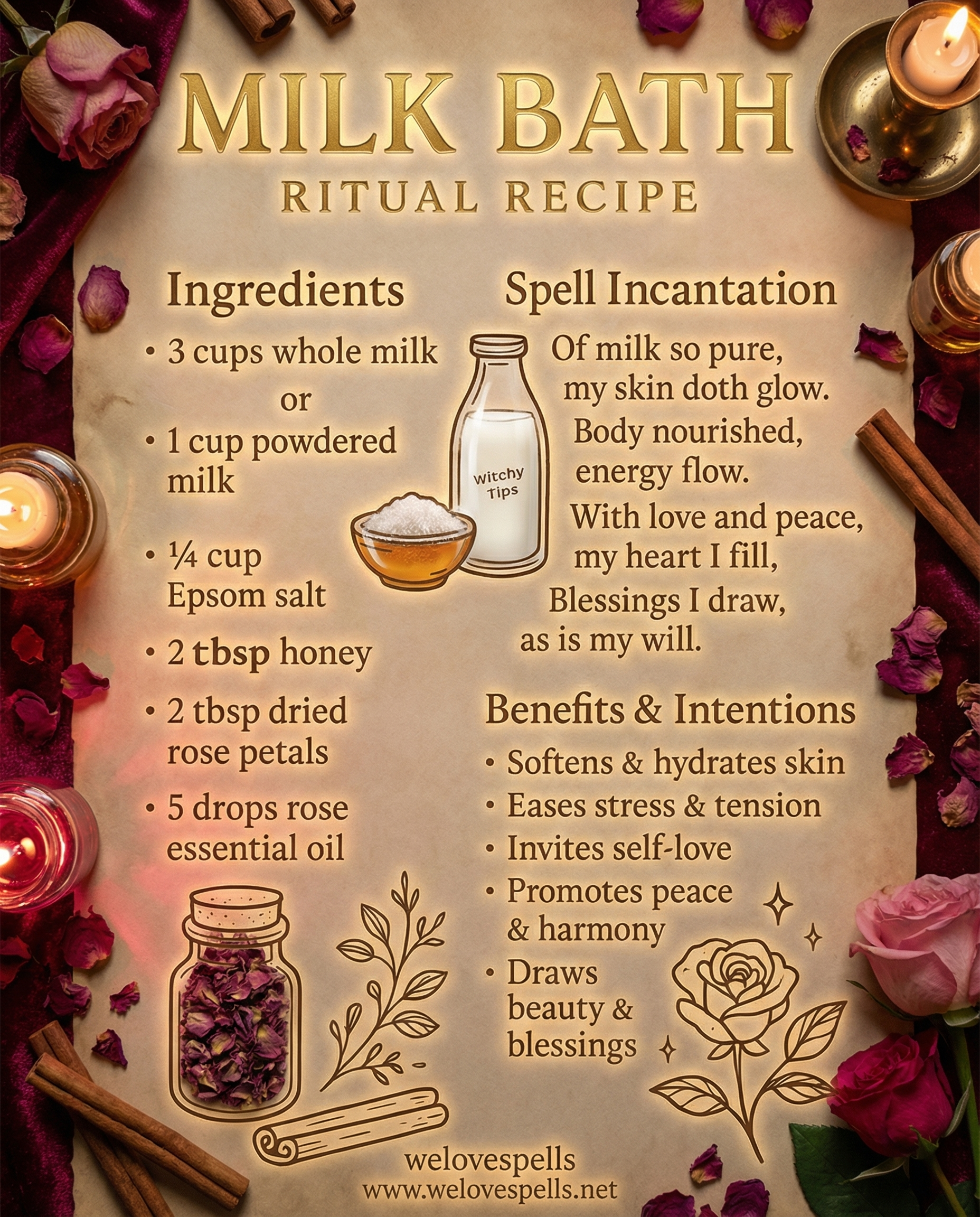 Luxury milk bath ritual setup with candles and rose petals