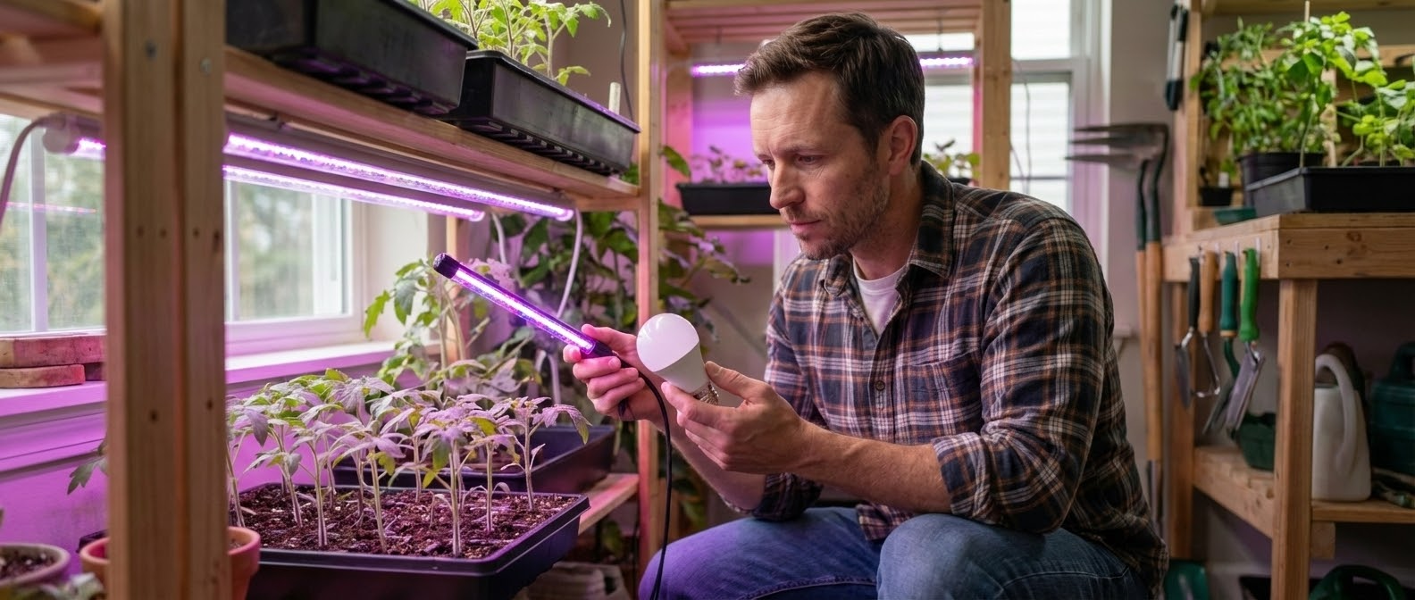 Светодиодная фитолампа над рассадой на домашнем стеллаже, белый свет, таймер и отражатель