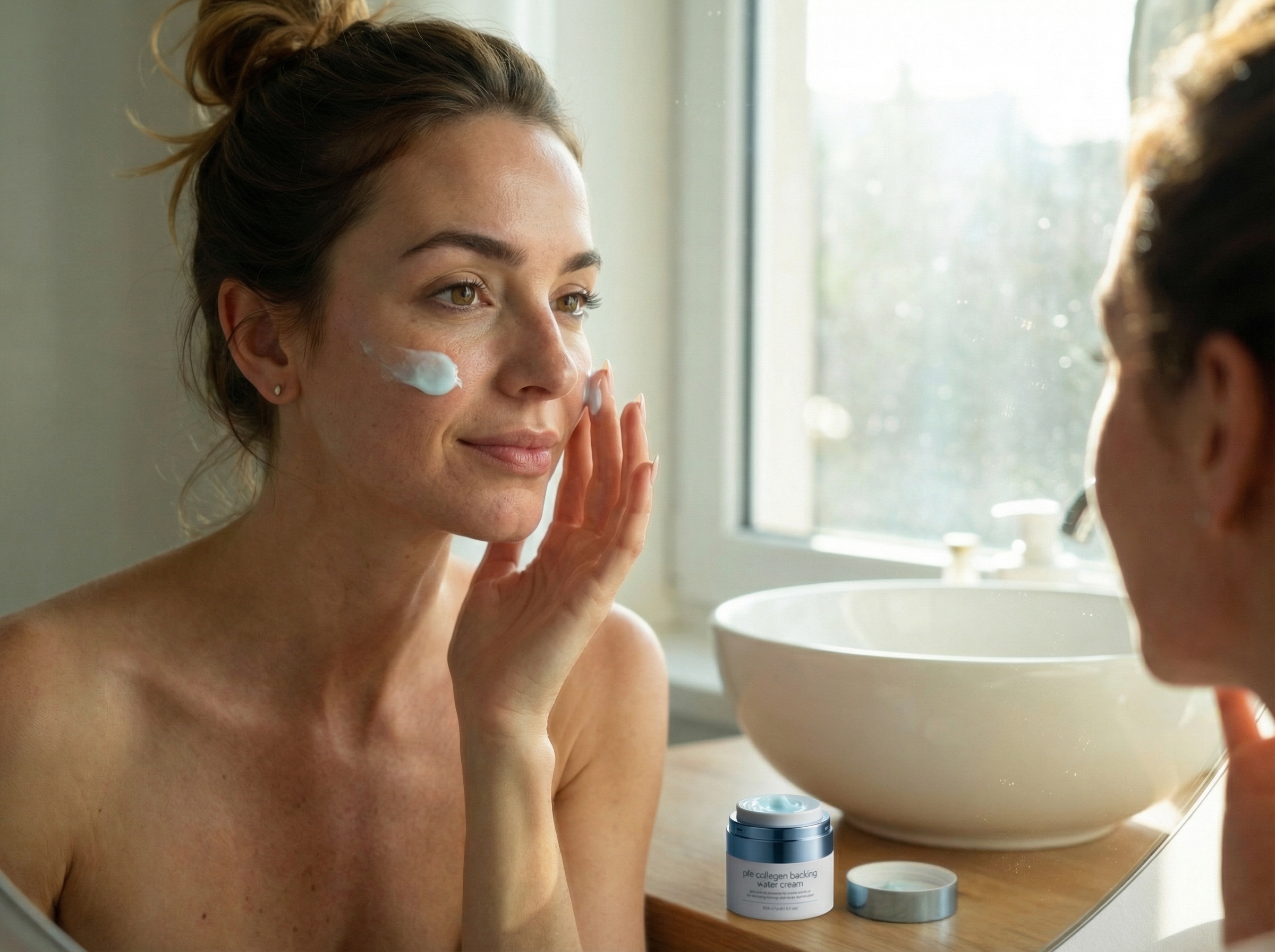 Woman applying lightweight gel-cream moisturiser to face showing proper hydration technique for oily dehydrated skin