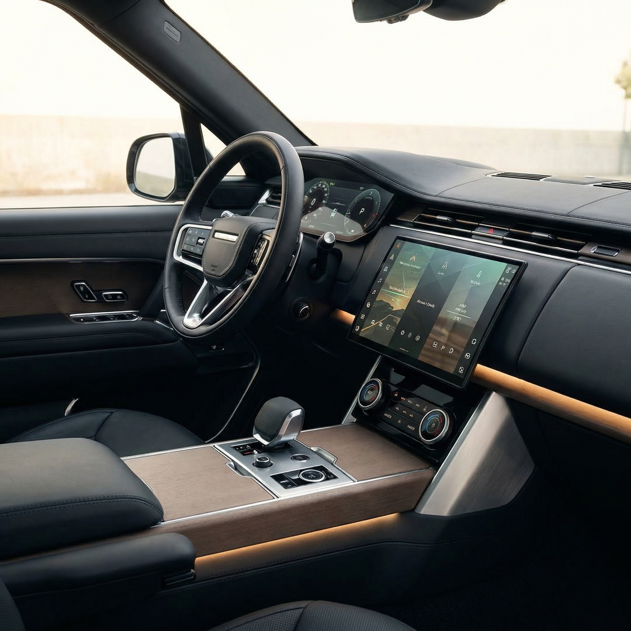 Interno di un SUV premium con display touchscreen e volante in pelle