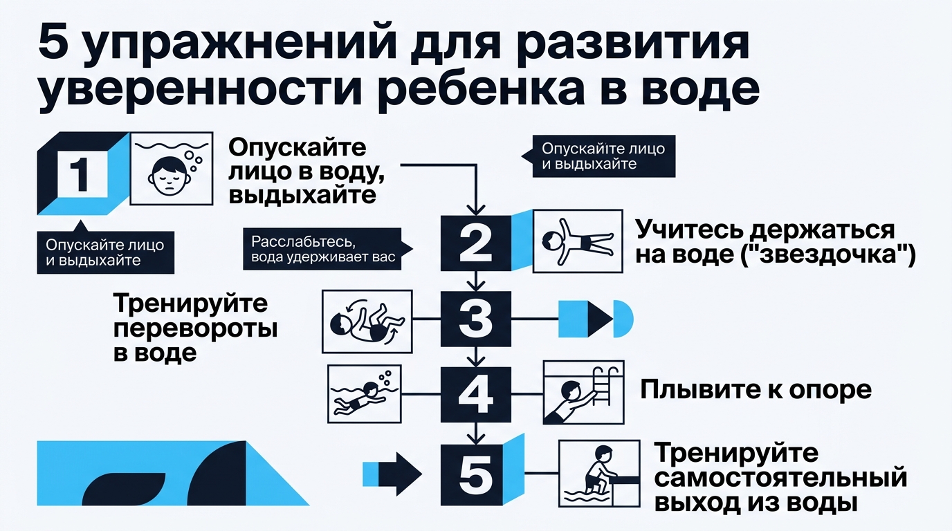 Инфографика: 5 упражнений для безопасности ребёнка в воде