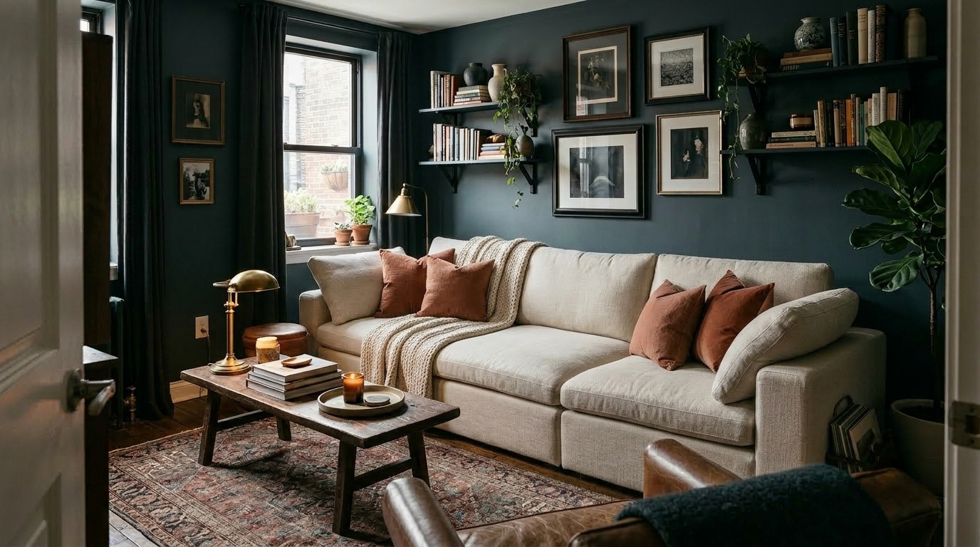 Тёмный диван в маленькой комнате = тесно — как правильно