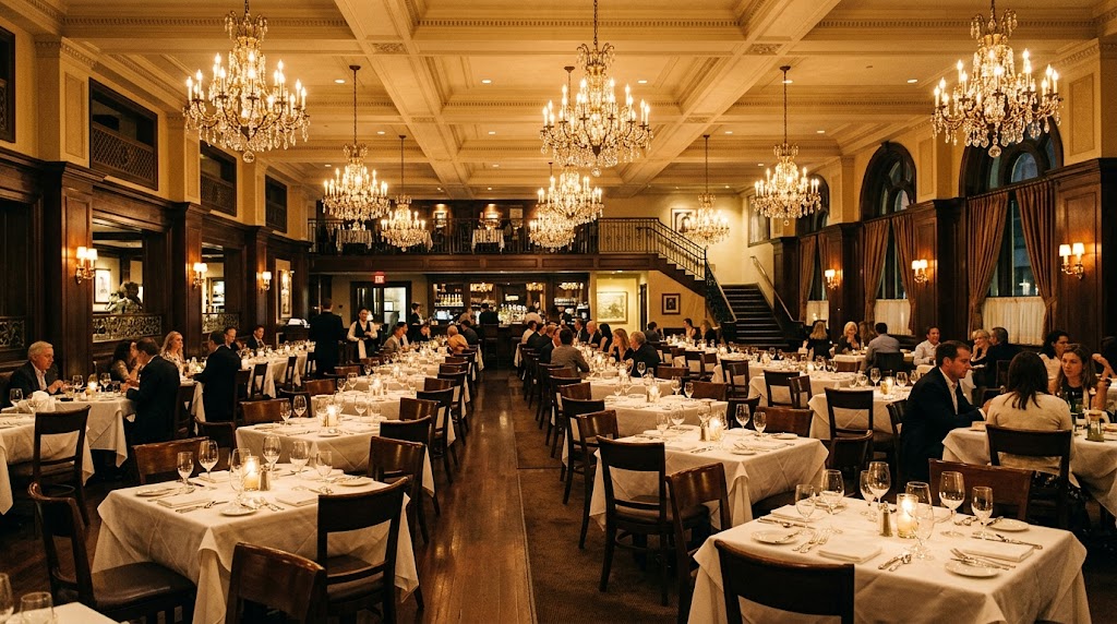 Wnętrze restauracji wieczorem z ciepłym światłem i nakrytymi stolikami