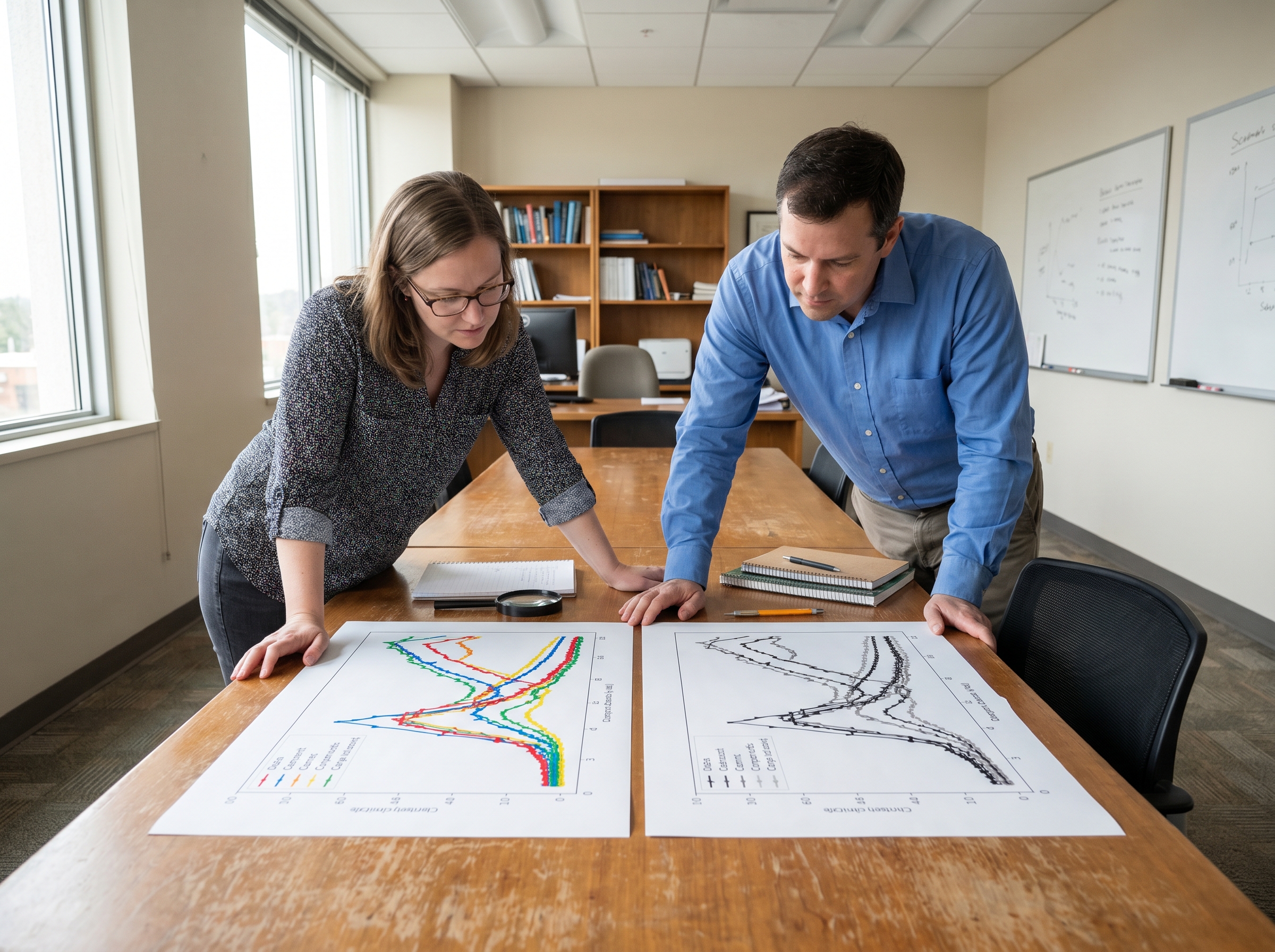 Two scientists comparing a colored scientific plot with its grayscale counterpart on a wooden desk
