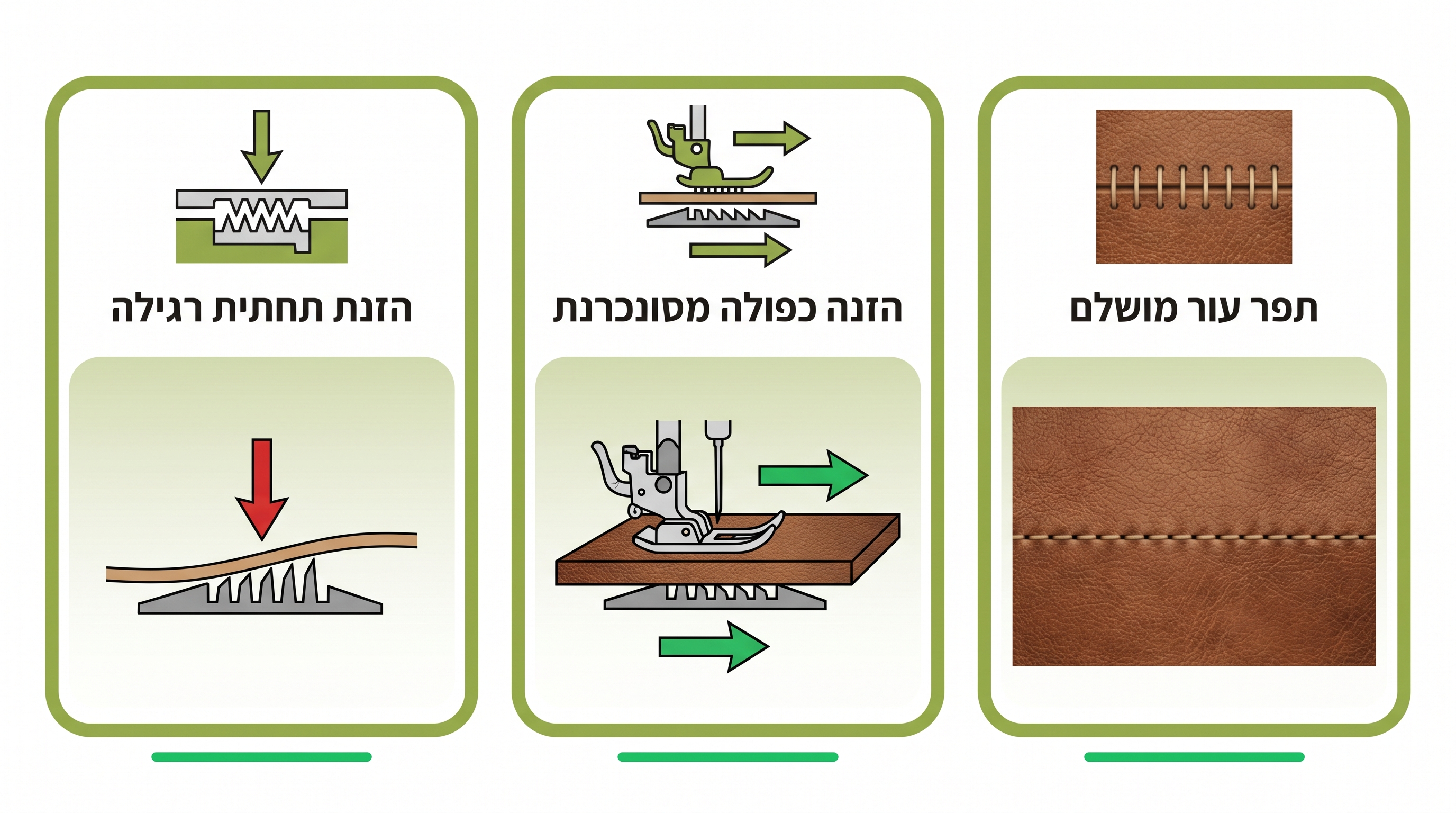 סוגי רגליות תפירה לעור - טפלון, רולר ורגלית הולכת