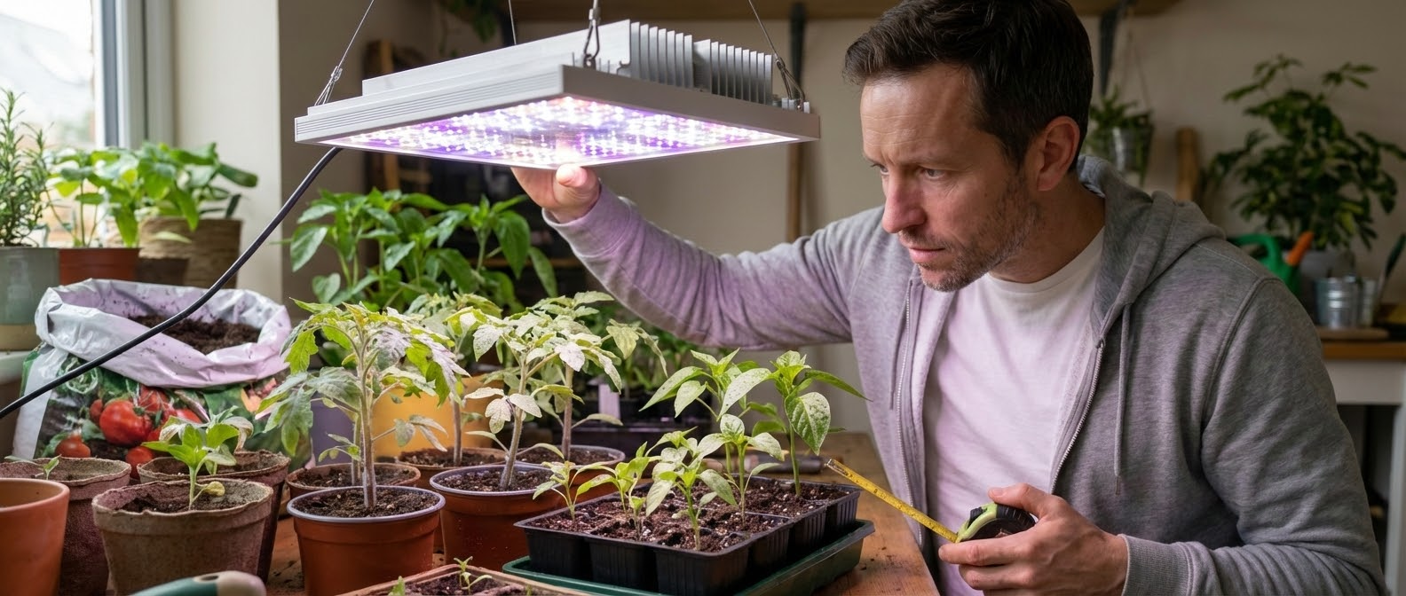 Линейная светодиодная фитолампа над рассадой на подоконнике, ровная засветка кассет с сеянцами