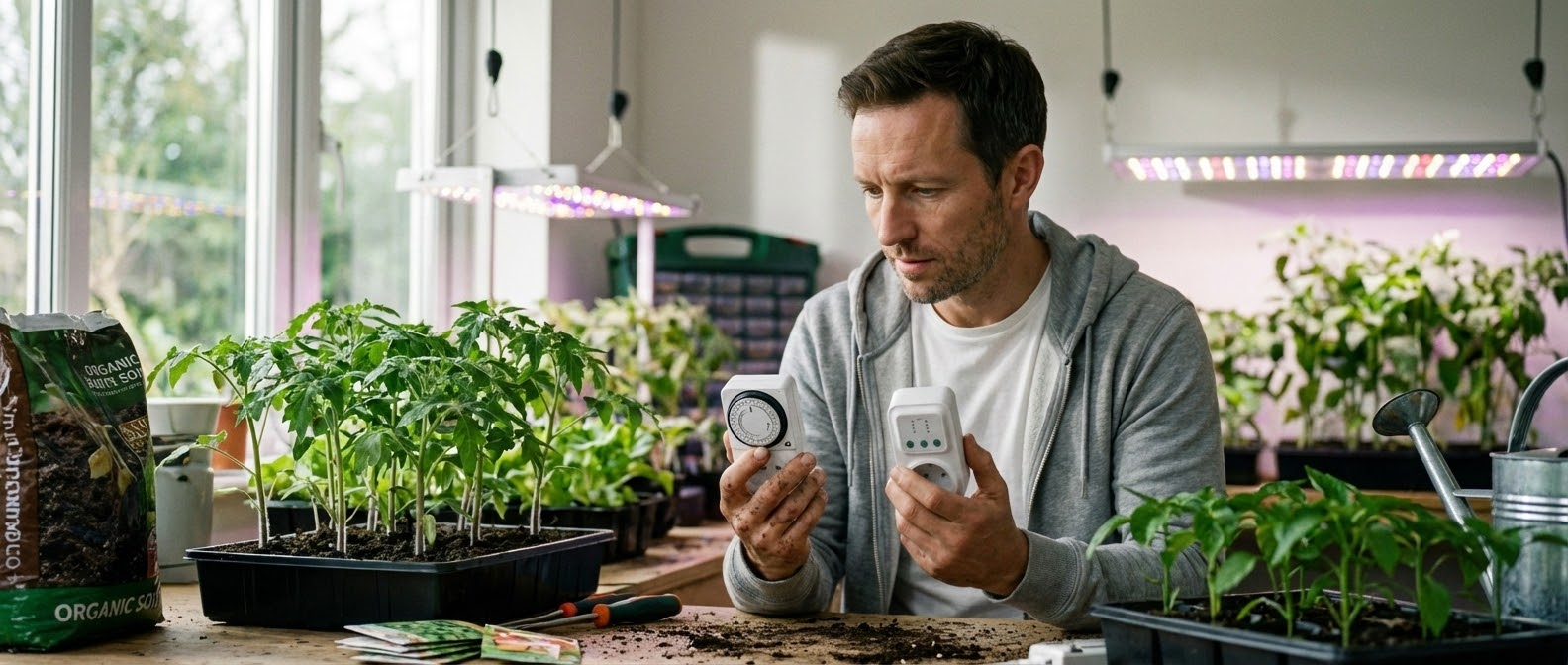 Сравнение механической и электронной розетки с таймером на столе рядом с LED лампой для рассады